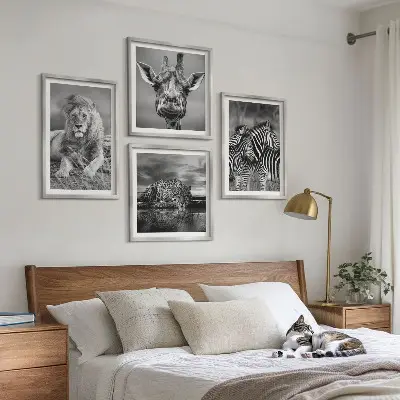 Polyptychon mit Rahmen Wandbild mit Wildtieren wie Löwe, Jaguar, Giraffe und Zebras