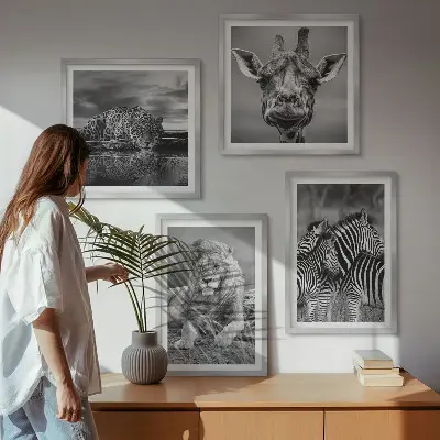 Polyptychon mit Rahmen Wandbild mit Wildtieren wie Löwe, Jaguar, Giraffe und Zebras