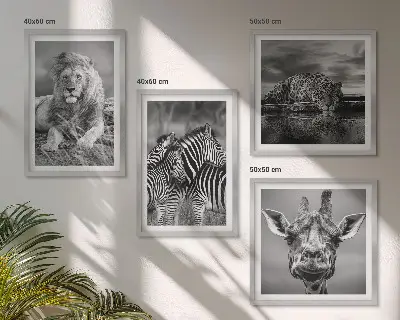Polyptychon mit Rahmen Wandbild mit Wildtieren wie Löwe, Jaguar, Giraffe und Zebras