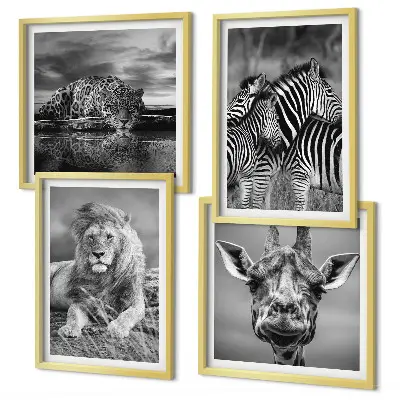 Polyptychon mit Rahmen Wandbild mit Wildtieren wie Löwe, Jaguar, Giraffe und Zebras