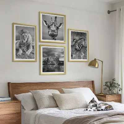 Polyptychon mit Rahmen Wandbild mit Wildtieren wie Löwe, Jaguar, Giraffe und Zebras