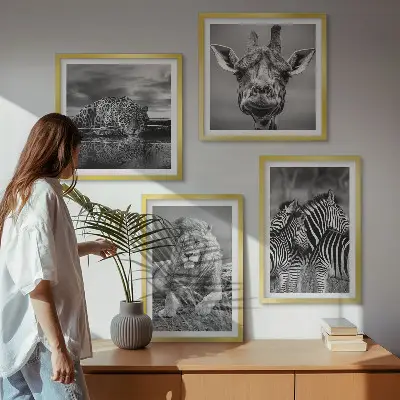 Polyptychon mit Rahmen Wandbild mit Wildtieren wie Löwe, Jaguar, Giraffe und Zebras