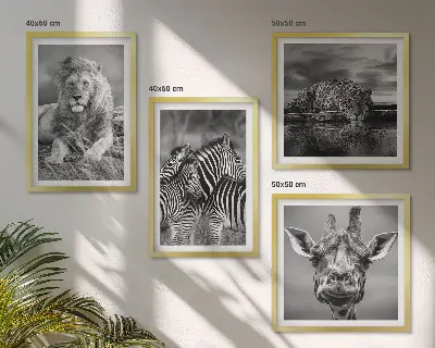 Polyptychon mit Rahmen Wandbild mit Wildtieren wie Löwe, Jaguar, Giraffe und Zebras