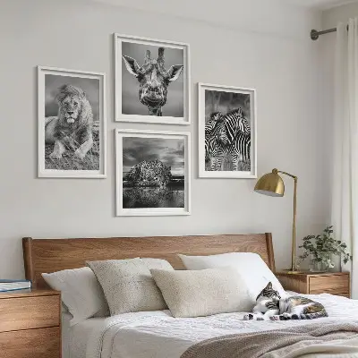 Polyptychon mit Rahmen Wandbild mit Wildtieren wie Löwe, Jaguar, Giraffe und Zebras