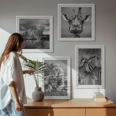 Polyptychon mit Rahmen Wandbild mit Wildtieren wie Löwe, Jaguar, Giraffe und Zebras