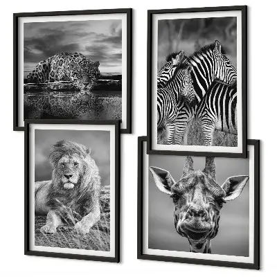 Polyptychon mit Rahmen Wandbild mit Wildtieren wie Löwe, Jaguar, Giraffe und Zebras
