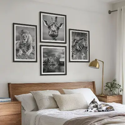 Polyptychon mit Rahmen Wandbild mit Wildtieren wie Löwe, Jaguar, Giraffe und Zebras