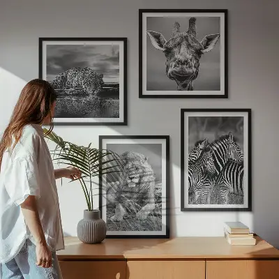Polyptychon mit Rahmen Wandbild mit Wildtieren wie Löwe, Jaguar, Giraffe und Zebras