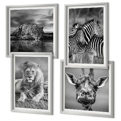 Polyptychon mit Rahmen Wandbild mit Wildtieren wie Löwe, Jaguar, Giraffe und Zebras