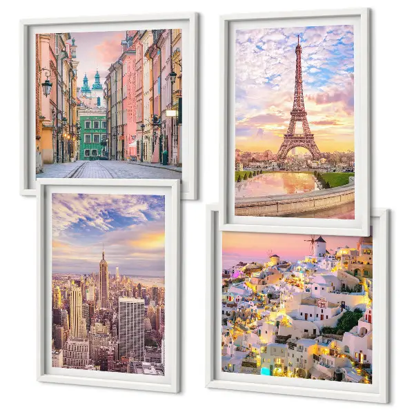 Mehrteiliges Wandbild mit Rahmen Motiv New York Paris Oia Warschau zur Dämmerung