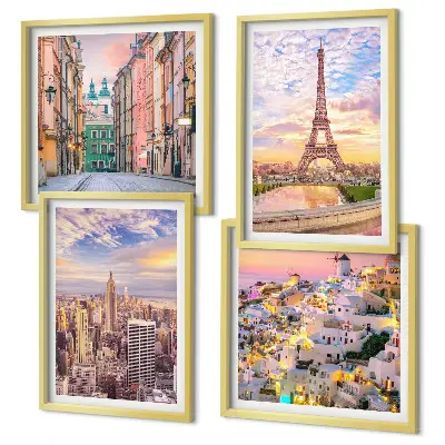 Mehrteiliges Wandbild mit Rahmen Motiv New York Paris Oia Warschau zur Dämmerung