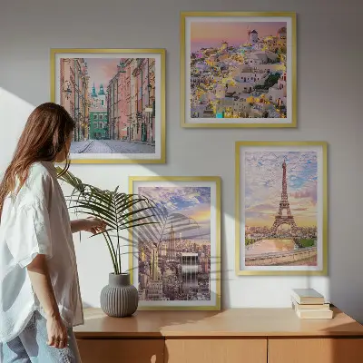 Mehrteiliges Wandbild mit Rahmen Motiv New York Paris Oia Warschau zur Dämmerung