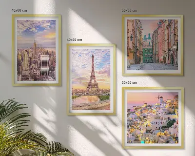 Mehrteiliges Wandbild mit Rahmen Motiv New York Paris Oia Warschau zur Dämmerung