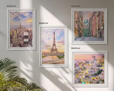 Mehrteiliges Wandbild mit Rahmen Motiv New York Paris Oia Warschau zur Dämmerung