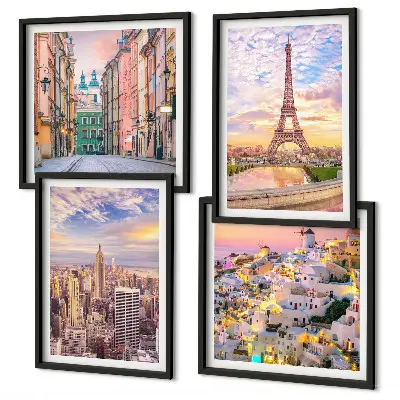 Mehrteiliges Wandbild mit Rahmen Motiv New York Paris Oia Warschau zur Dämmerung