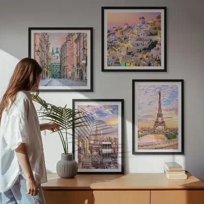 Mehrteiliges Wandbild mit Rahmen Motiv New York Paris Oia Warschau zur Dämmerung