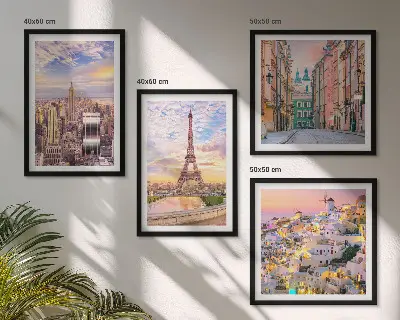 Mehrteiliges Wandbild mit Rahmen Motiv New York Paris Oia Warschau zur Dämmerung
