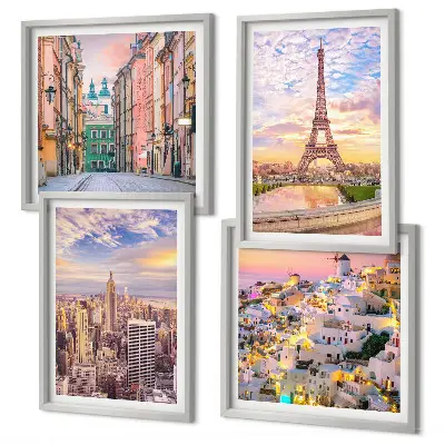 Mehrteiliges Wandbild mit Rahmen Motiv New York Paris Oia Warschau zur Dämmerung