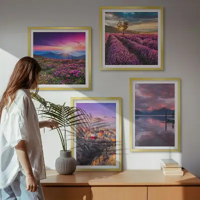 Sonnenuntergang auf Lavendelfeldern als gerahmtes Polyptychon