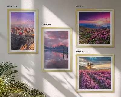 Sonnenuntergang auf Lavendelfeldern als gerahmtes Polyptychon
