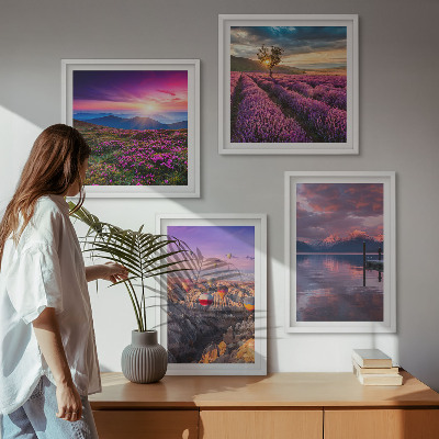 Polyptychon mit rahmen Sonnenuntergang auf Lavendelfeldern