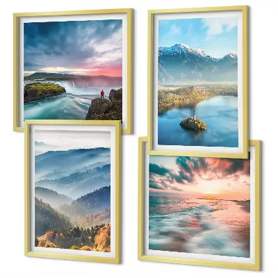 Berglandschaften und Wasserfälle als mehrteiliges Wandbild mit Rahmen