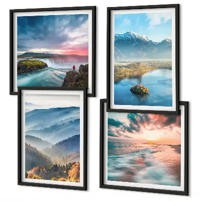 Berglandschaften und Wasserfälle als mehrteiliges Wandbild mit Rahmen