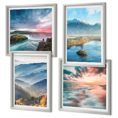 Berglandschaften und Wasserfälle als mehrteiliges Wandbild mit Rahmen
