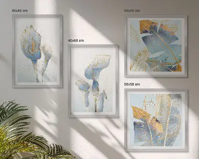 Wanddeko-Set mit blauen Blumen im Hintergrund