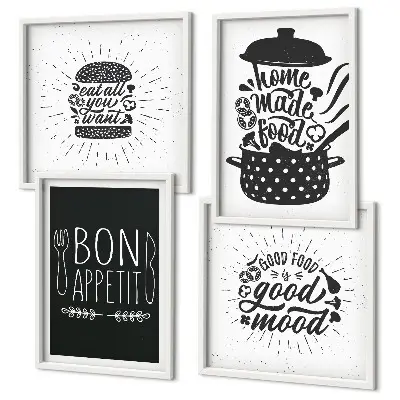 Wanddeko-Set mit Grafiken von Lebensmitteln und kulinarischen Slogans