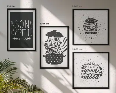 Wanddeko-Set mit Grafiken von Lebensmitteln und kulinarischen Slogans
