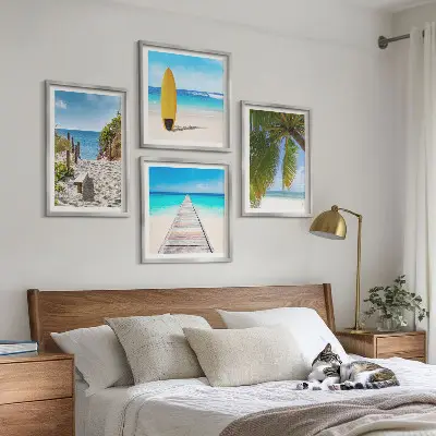 Urlaubsblick Strand Palmen als gerahmtes Polyptychon