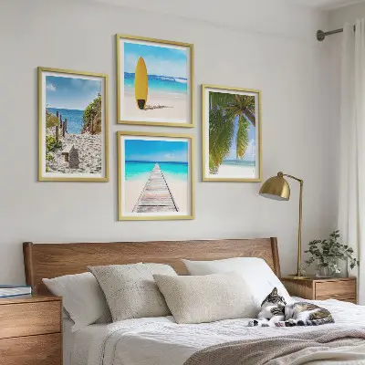 Urlaubsblick Strand Palmen als gerahmtes Polyptychon