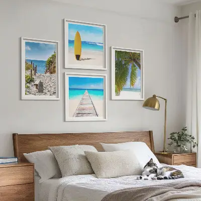 Urlaubsblick Strand Palmen als gerahmtes Polyptychon