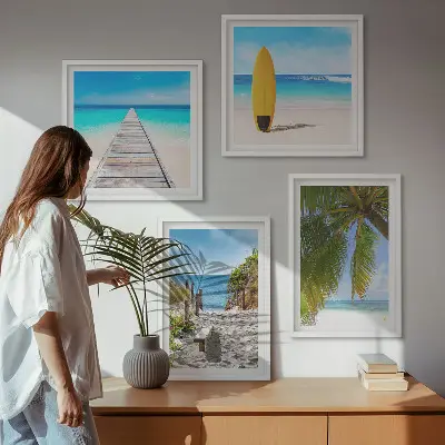 Urlaubsblick Strand Palmen als gerahmtes Polyptychon