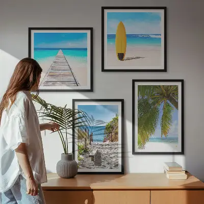 Urlaubsblick Strand Palmen als gerahmtes Polyptychon