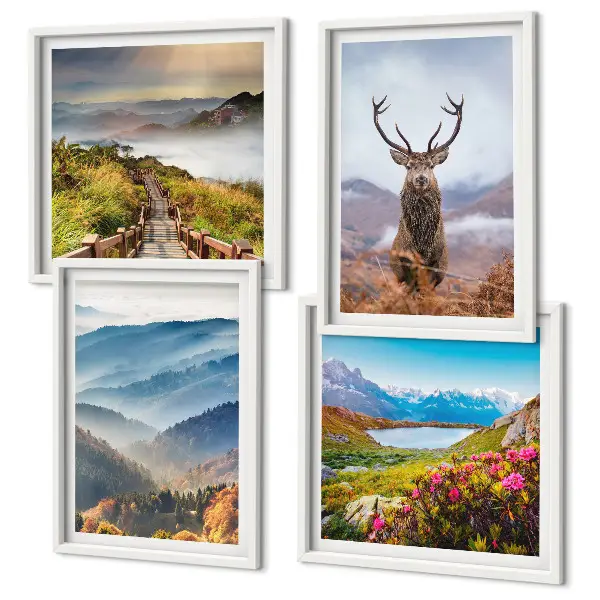 Wanddeko-Set mit Berglandschaft, See und Hirschen