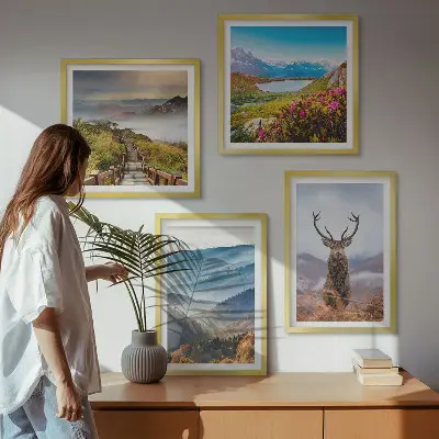 Wanddeko-Set mit Berglandschaft, See und Hirschen