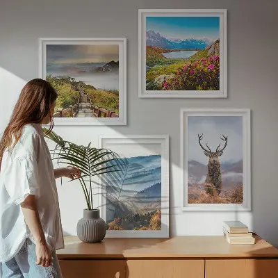 Wanddeko-Set mit Berglandschaft, See und Hirschen