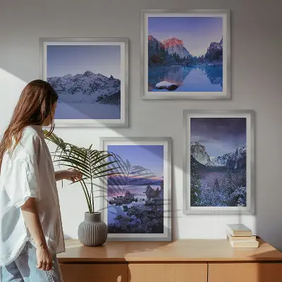 Polyptychon mit Rahmen Berglandschaften bei Sonnenuntergang am Wasser