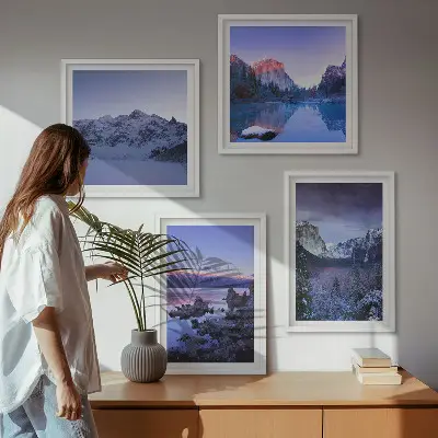 Polyptychon mit Rahmen Berglandschaften bei Sonnenuntergang am Wasser