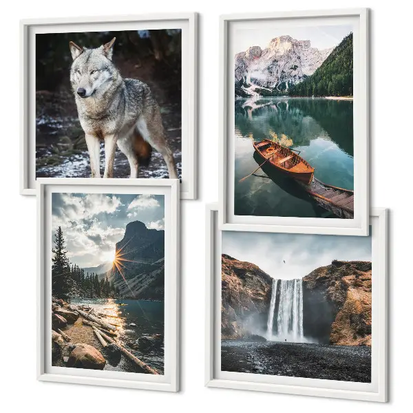 Polyptychon mit Rahmen mit Motiv Berge, Seen, Wasserfall und Wolf
