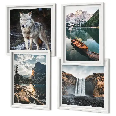 Polyptychon mit Rahmen mit Motiv Berge, Seen, Wasserfall und Wolf