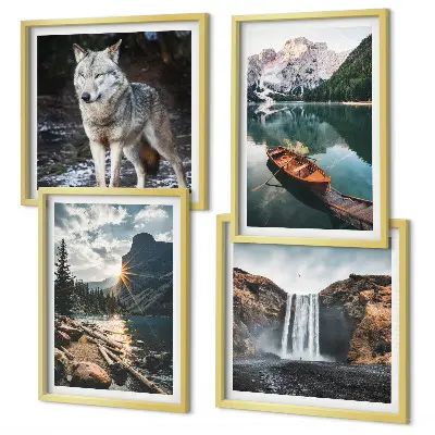 Polyptychon mit Rahmen mit Motiv Berge, Seen, Wasserfall und Wolf