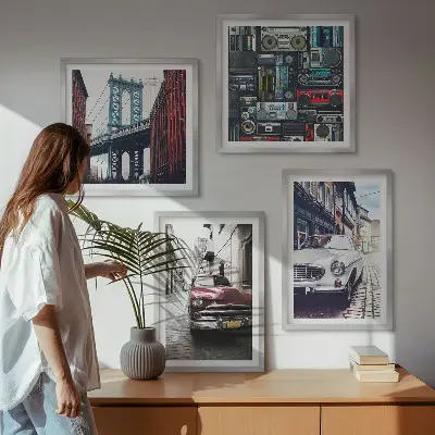 Old Cars Brooklyn Retro-Bild als mehrteiliges Wandbild mit Rahmen
