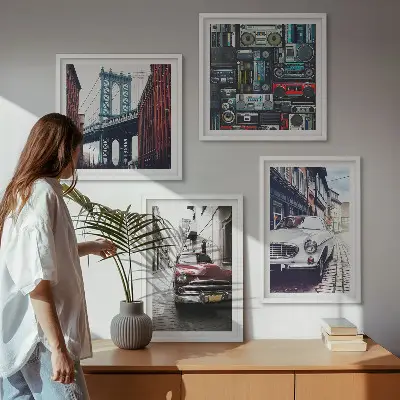 Old Cars Brooklyn Retro-Bild als mehrteiliges Wandbild mit Rahmen