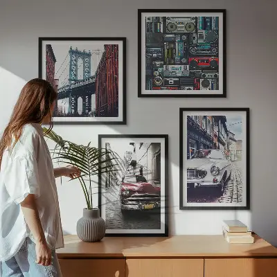Old Cars Brooklyn Retro-Bild als mehrteiliges Wandbild mit Rahmen