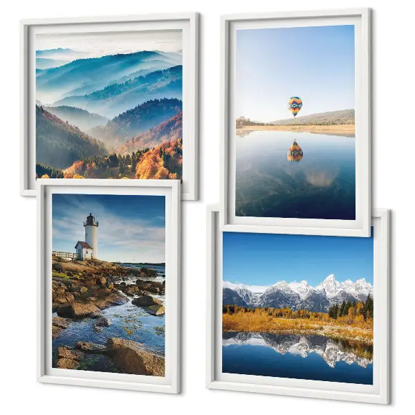 Wanddeko-Set mit Motiven aus der Natur, einem Leuchtturm und Bergen