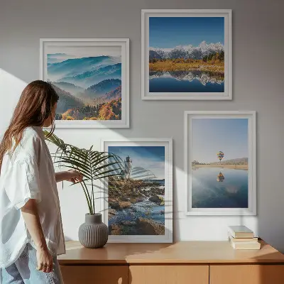 Wanddeko-Set mit Motiven aus der Natur, einem Leuchtturm und Bergen