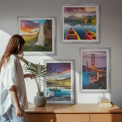 Wanddeko-Set mit Motiven von Bergseen, Booten und Brücken